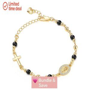 14K Gold Plated Virgin Mary Cross Bracelet Adjustable Natural Stone